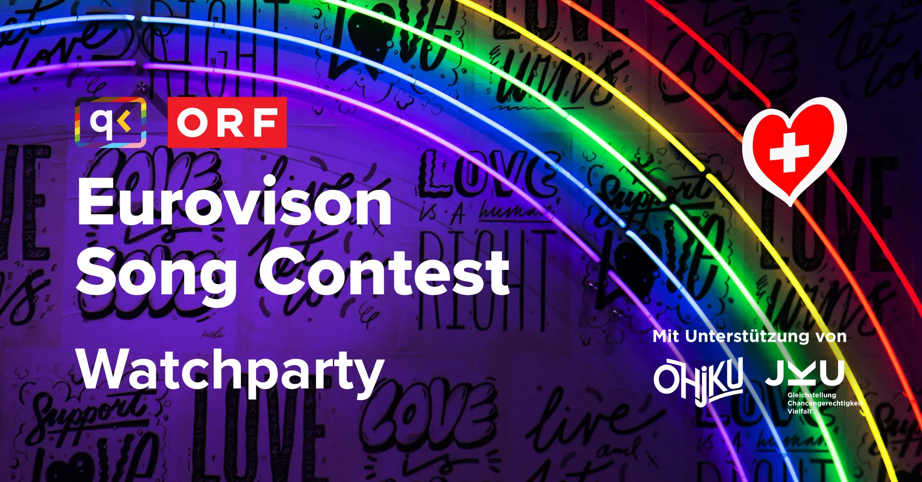 Info Banner mit dem Text "Eurovision Song Contest Watchparty". Die Logos von QuacK und dem ORF sowie ein Herz im ESC Stiel mit der Schweizer Flagge sind zu sehen.
