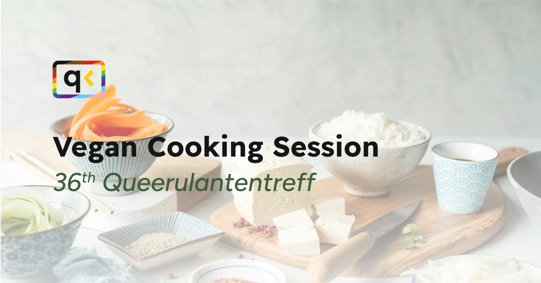 Image containing the event title. The background shows some vegan cooking ingredients on a table like Avocado and Tofu.